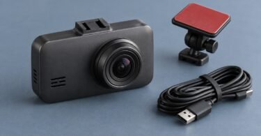 Generic dark dashboard camera with a detached adhesive mount and coiled USB cable on a blue-gray surface.