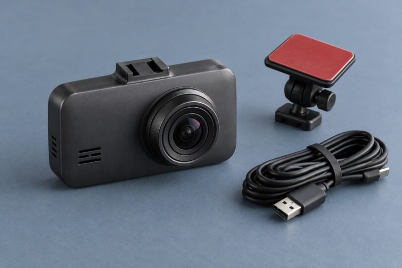 Generic dark dashboard camera with a detached adhesive mount and coiled USB cable on a blue-gray surface.