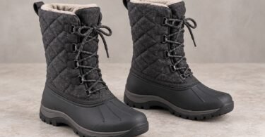 Pair of unbranded charcoal winter boots with quilted shafts and lace-up fronts