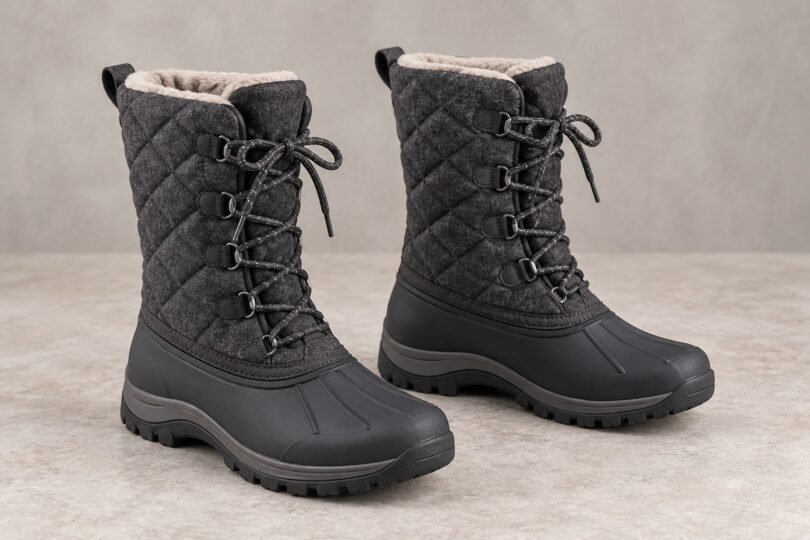 Pair of unbranded charcoal winter boots with quilted shafts and lace-up fronts