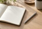 Illustration of generic silver-colored mechanical pencil beside a blank notebook on a sunlit wooden desk