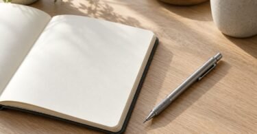 Illustration of generic silver-colored mechanical pencil beside a blank notebook on a sunlit wooden desk