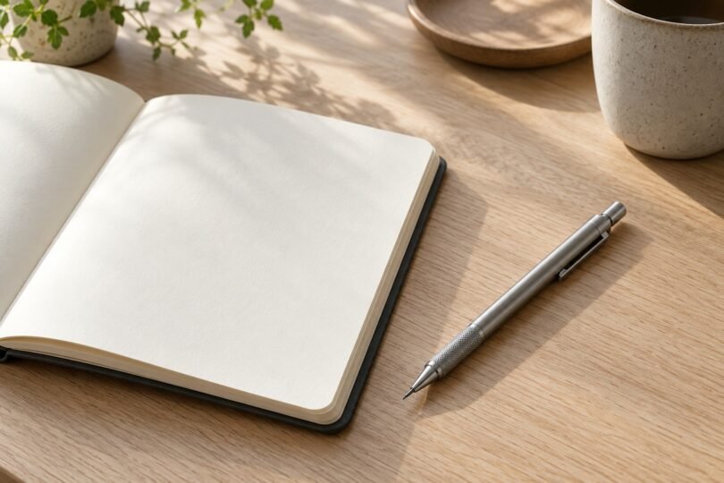 Illustration of generic silver-colored mechanical pencil beside a blank notebook on a sunlit wooden desk