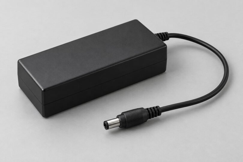 Generic black power adapter with a disconnected barrel plug on a gray surface.