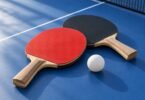 Illustration of two unbranded red and black table tennis paddles and a white ball on a blue table.