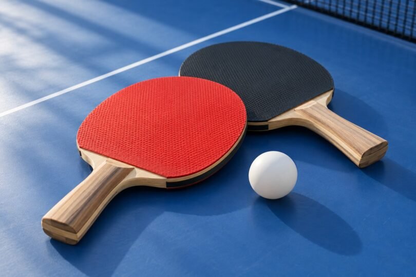 Illustration of two unbranded red and black table tennis paddles and a white ball on a blue table.