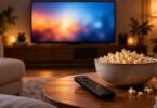 Unbranded remote and a bowl of popcorn on a table in front of a softly glowing television