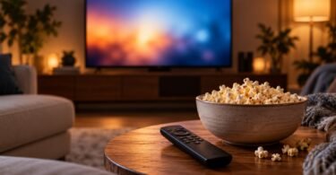 Unbranded remote and a bowl of popcorn on a table in front of a softly glowing television