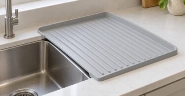 Illustration of an unbranded ribbed dish drain board beside a kitchen sink.