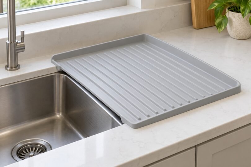 Illustration of an unbranded ribbed dish drain board beside a kitchen sink.