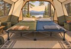 Illustration of a wide camping cot with two sleeping pads inside a tent.