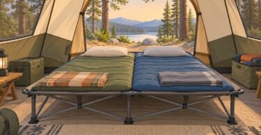 Illustration of a wide camping cot with two sleeping pads inside a tent.