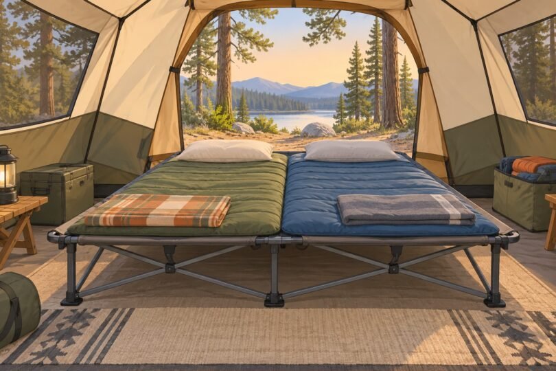 Illustration of a wide camping cot with two sleeping pads inside a tent.