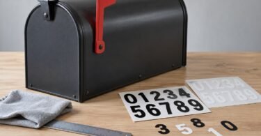 Blank charcoal mailbox beside number decal sheets, loose digits, a ruler and a cloth on a tabletop