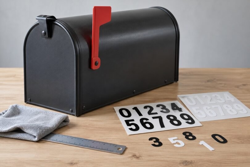 Blank charcoal mailbox beside number decal sheets, loose digits, a ruler and a cloth on a tabletop