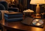 Illustration of unbranded film-disc cases, an open disc case and popcorn beside a glowing lamp.