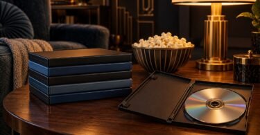Illustration of unbranded film-disc cases, an open disc case and popcorn beside a glowing lamp.