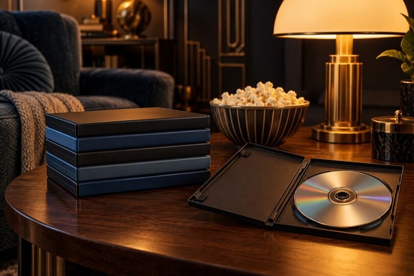 Illustration of unbranded film-disc cases, an open disc case and popcorn beside a glowing lamp.