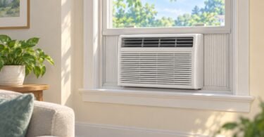 Illustration of an unbranded window air conditioner in a bright living room