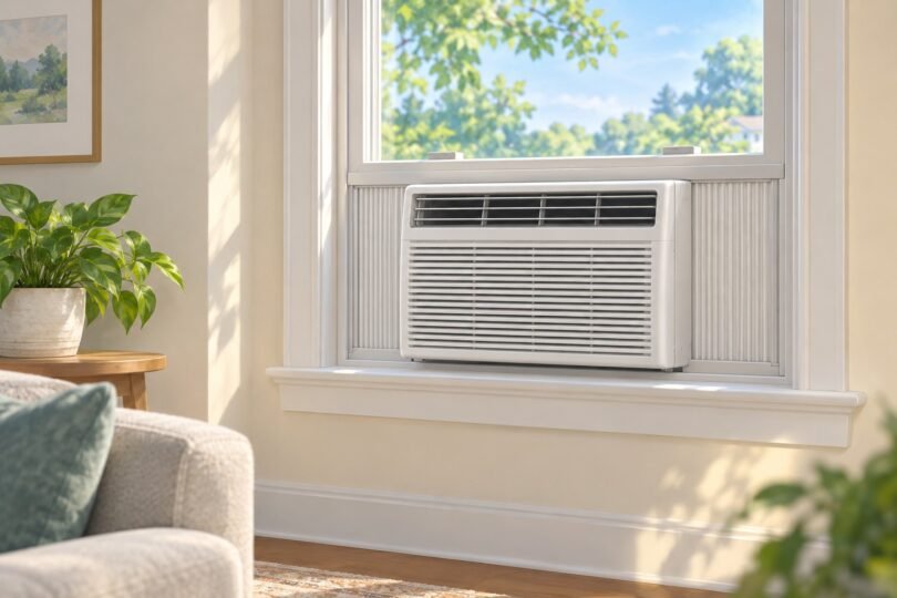 Illustration of an unbranded window air conditioner in a bright living room