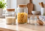 Three clear glass jars with cork lids, including jars of dry rice and pasta, on a wooden counter