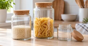 Three clear glass jars with cork lids, including jars of dry rice and pasta, on a wooden counter