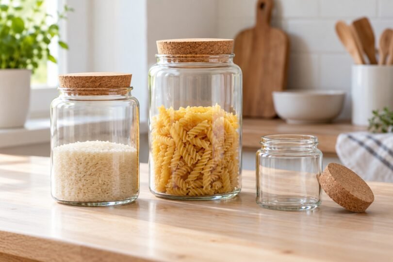 Three clear glass jars with cork lids, including jars of dry rice and pasta, on a wooden counter