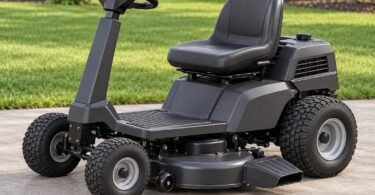 Illustration of a generic compact rear-engine riding mower parked on level concrete.