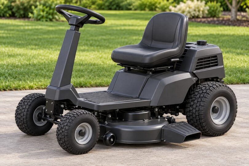 Illustration of a generic compact rear-engine riding mower parked on level concrete.