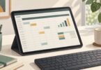 Illustration of a tablet displaying a spreadsheet grid and bar chart beside a keyboard