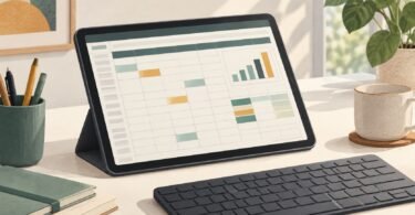 Illustration of a tablet displaying a spreadsheet grid and bar chart beside a keyboard