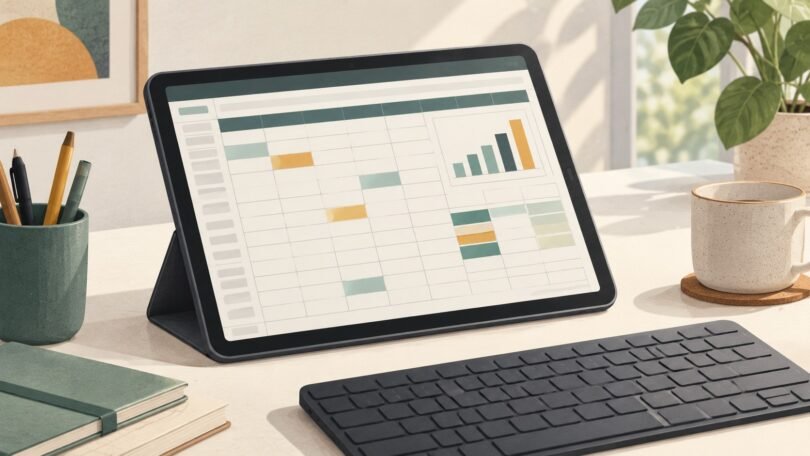 Illustration of a tablet displaying a spreadsheet grid and bar chart beside a keyboard