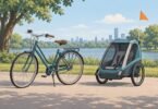 Illustration of an empty unbranded passenger trailer parked separately beside a bicycle on a flat park path.