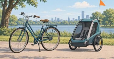Illustration of an empty unbranded passenger trailer parked separately beside a bicycle on a flat park path.