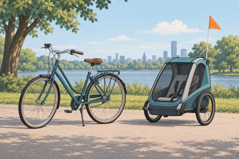 Illustration of an empty unbranded passenger trailer parked separately beside a bicycle on a flat park path.