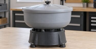 Illustration of a gray, lidded vibratory tumbler on a workshop bench.