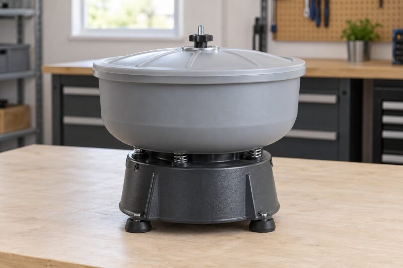 Illustration of a gray, lidded vibratory tumbler on a workshop bench.