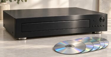 Illustration of an unbranded home stereo CD player beside a group of compact discs.