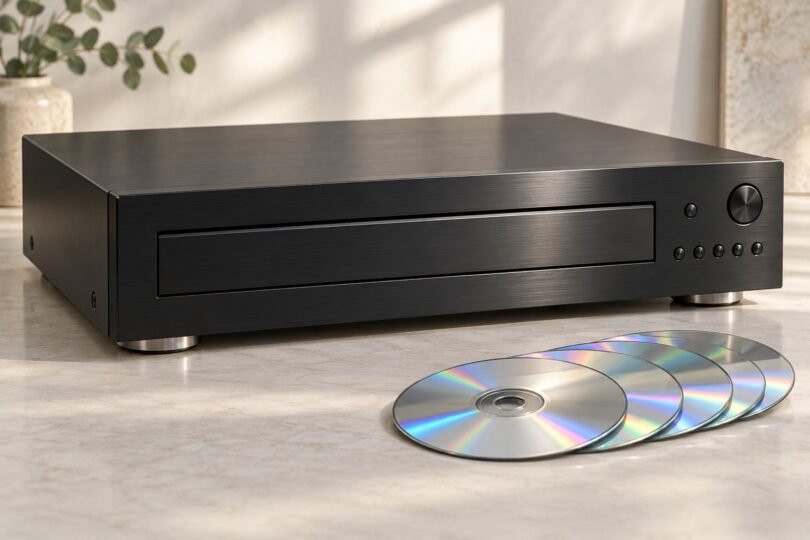 Illustration of an unbranded home stereo CD player beside a group of compact discs.