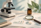 Editorial illustration of a microscope, magnifying glass and research papers beside an unlabelled amber container