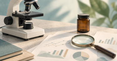 Editorial illustration of a microscope, magnifying glass and research papers beside an unlabelled amber container