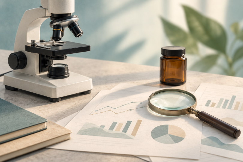 Editorial illustration of a microscope, magnifying glass and research papers beside an unlabelled amber container
