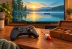 Illustration of generic game controller and fishing tackle in front of an illustrated lake scene
