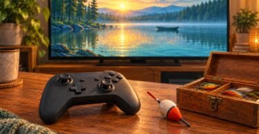 Illustration of generic game controller and fishing tackle in front of an illustrated lake scene