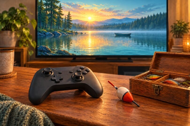 Illustration of generic game controller and fishing tackle in front of an illustrated lake scene