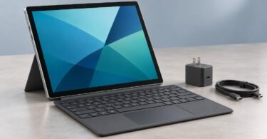 Illustration of unbranded detachable tablet with a keyboard, USB-C cable and power adapter on a desk
