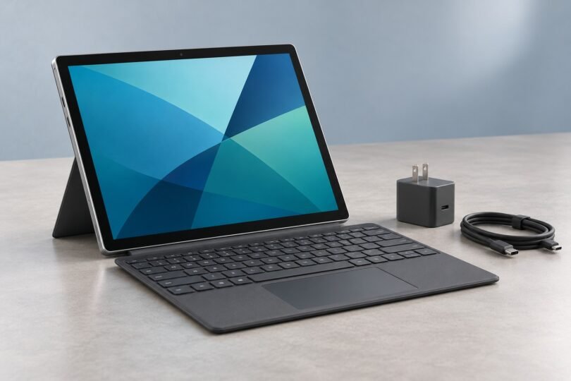 Illustration of unbranded detachable tablet with a keyboard, USB-C cable and power adapter on a desk