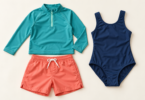 Illustration of teal long-sleeve rash guard, coral swim shorts and navy one-piece swimsuit laid flat on an ivory background