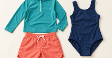 Illustration of teal long-sleeve rash guard, coral swim shorts and navy one-piece swimsuit laid flat on an ivory background