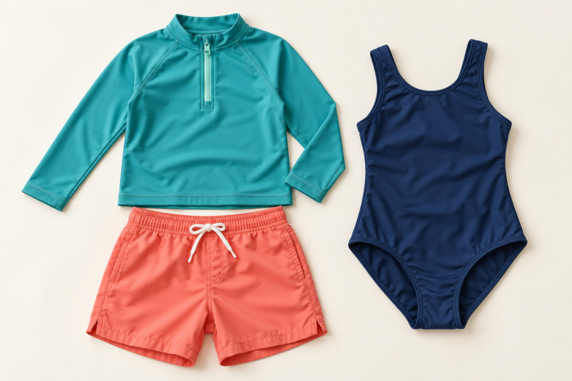 Illustration of teal long-sleeve rash guard, coral swim shorts and navy one-piece swimsuit laid flat on an ivory background